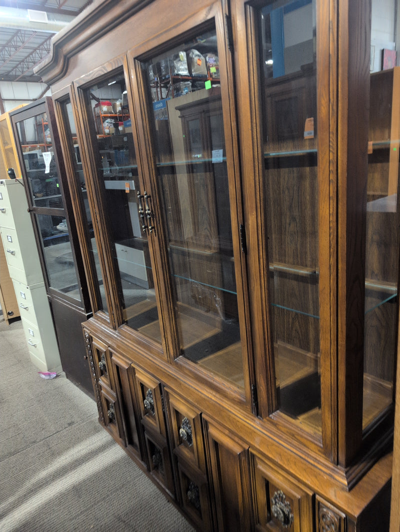 Large Wooden Buffet and Hutch with Glass Doors