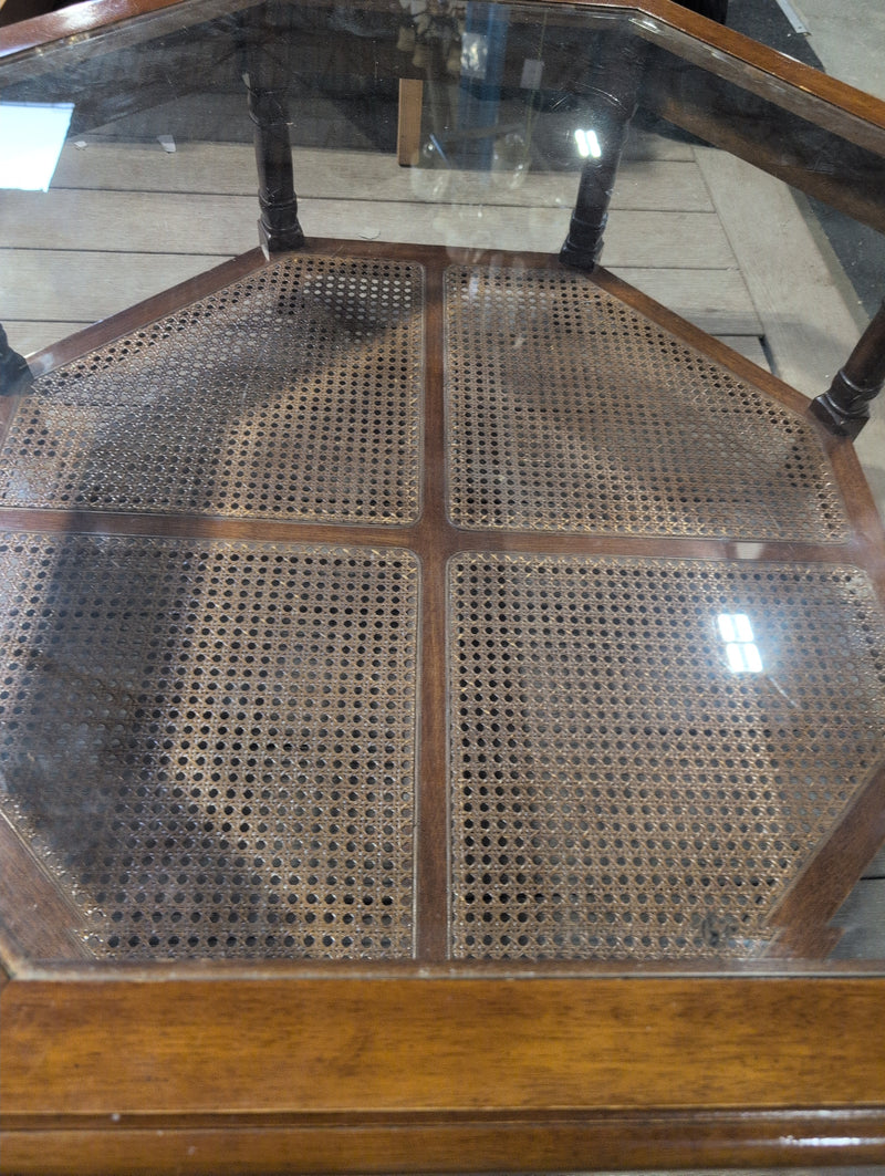 Large Octagonal Glass Top Coffee Table with Cane/Rattan Shelf