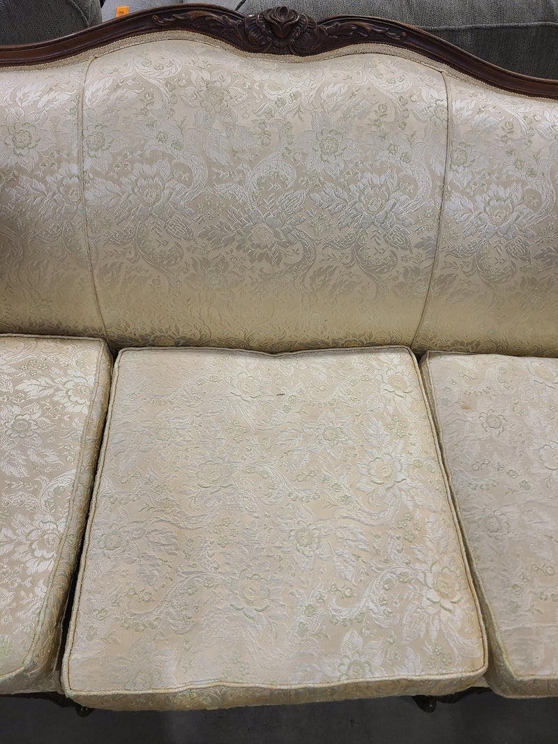 French Provincial Brocade Sofa with Carved Wood Frame
