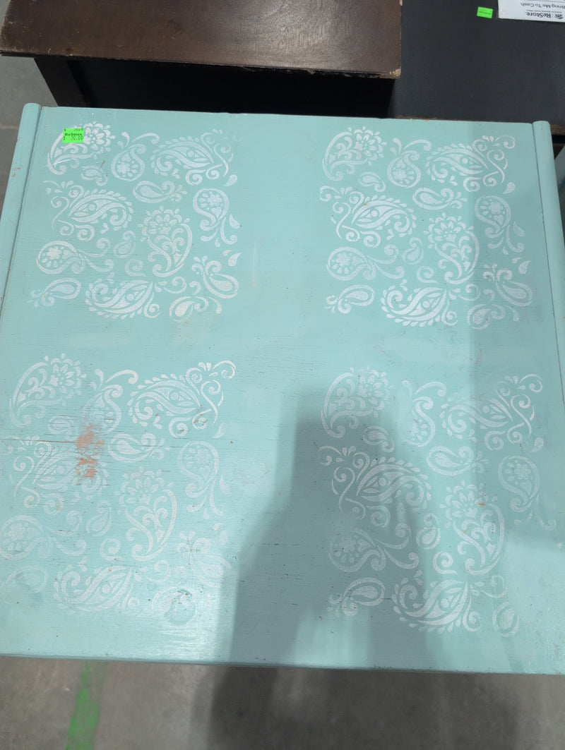 Refinished Light Blue Bedside Dresser with Stenciled Floral Paisley Details