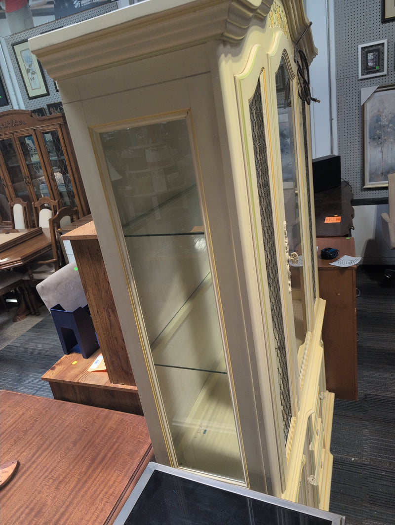 Vintage Wooden Yellow Hutch Buffet with Floral Designs, Windows, and Internal Light