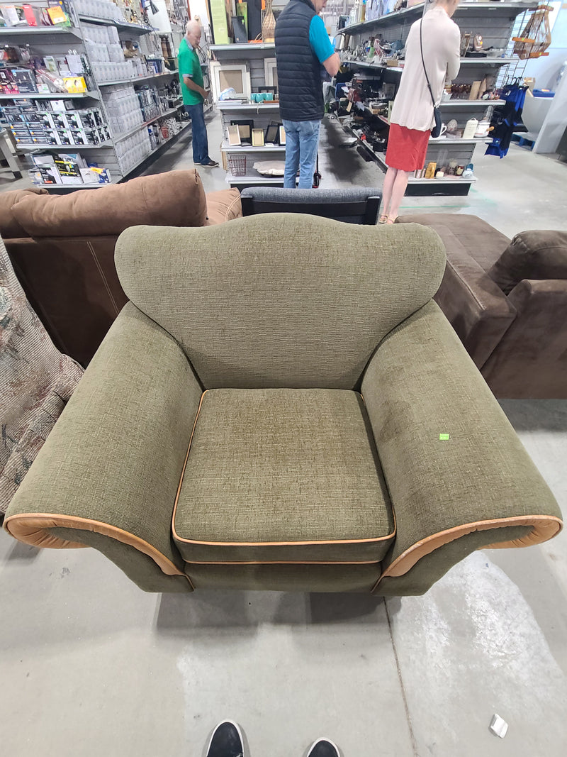 Overstuffed Olive Green Upholstered Armchair with Tan Piping