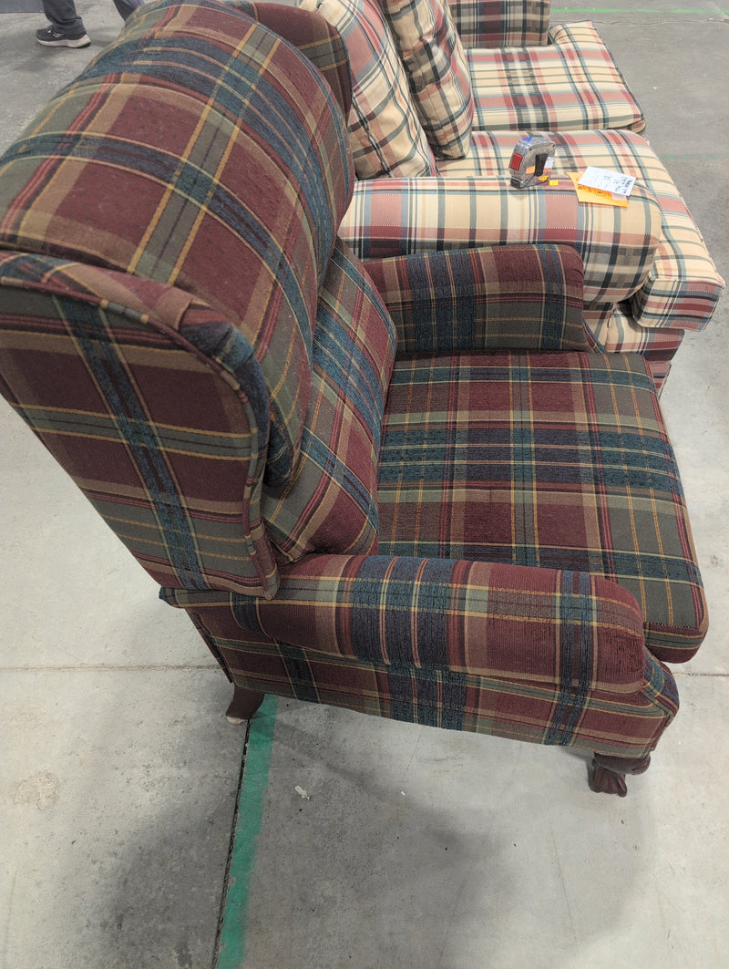 Red, Green, and Blue Plaid Upholstered Armchair