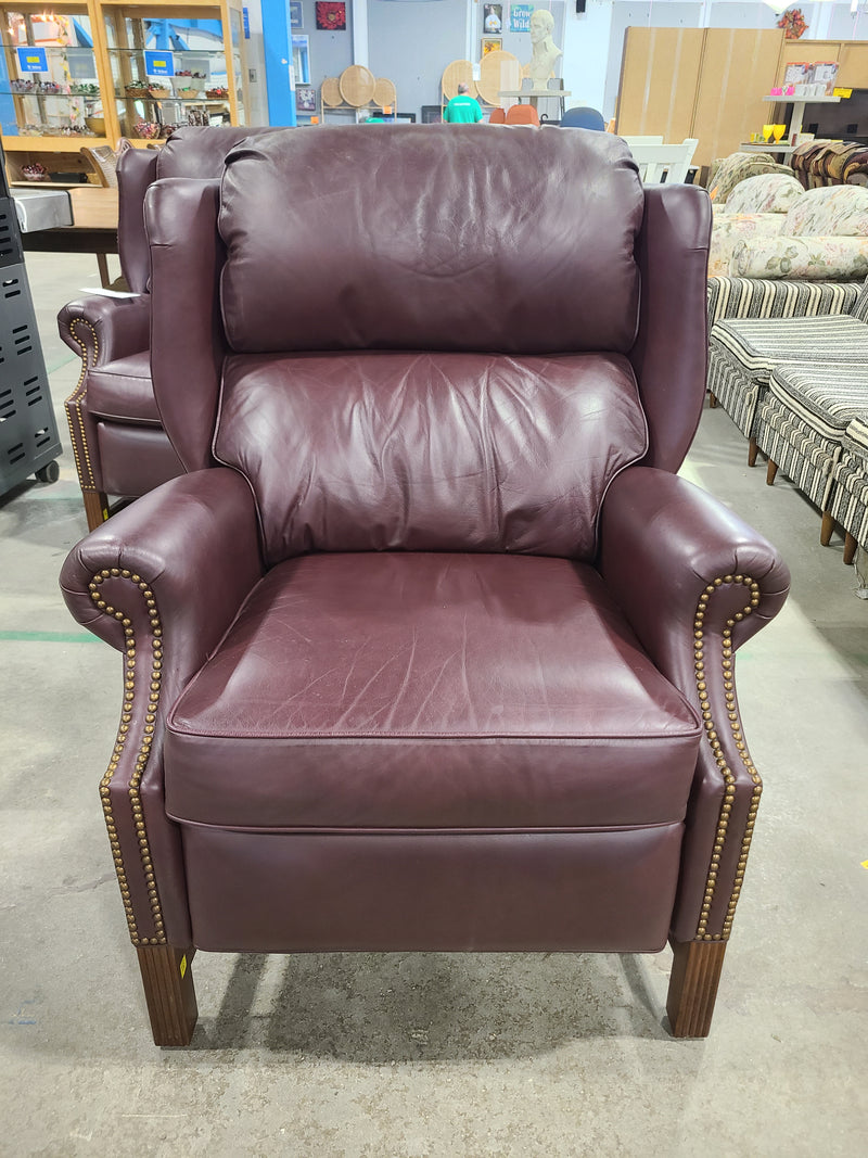 Burgundy Leather Wingback Armchair with Nailhead Trim