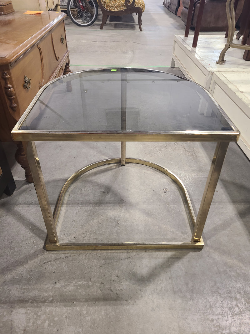 Vintage Hollywood Regency Brass & Smoked Glass D-Shape Side Table