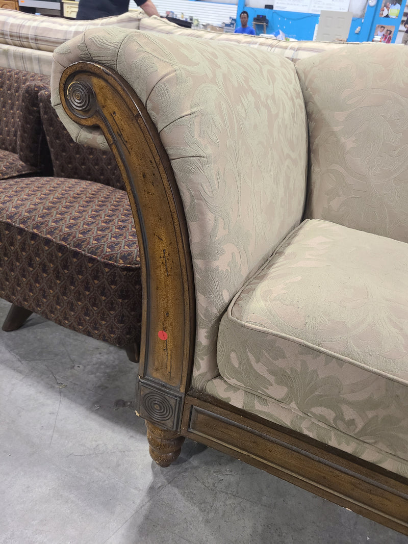 Elegant Traditional Beige Damask Sofa with Carved Wood Trim