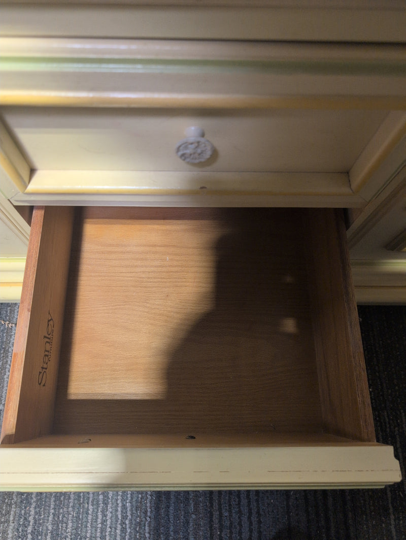 Vintage Wooden Yellow Hutch Buffet with Floral Designs, Windows, and Internal Light