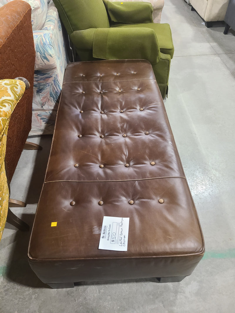 Tufted Brown Leather Rectangular Ottoman Bench