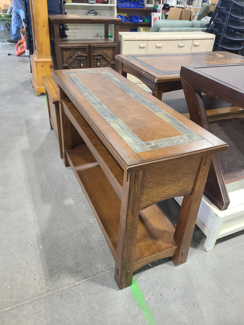 Rustic Oak Sofa Console Table / TV Stand with Slate Tile Inlay