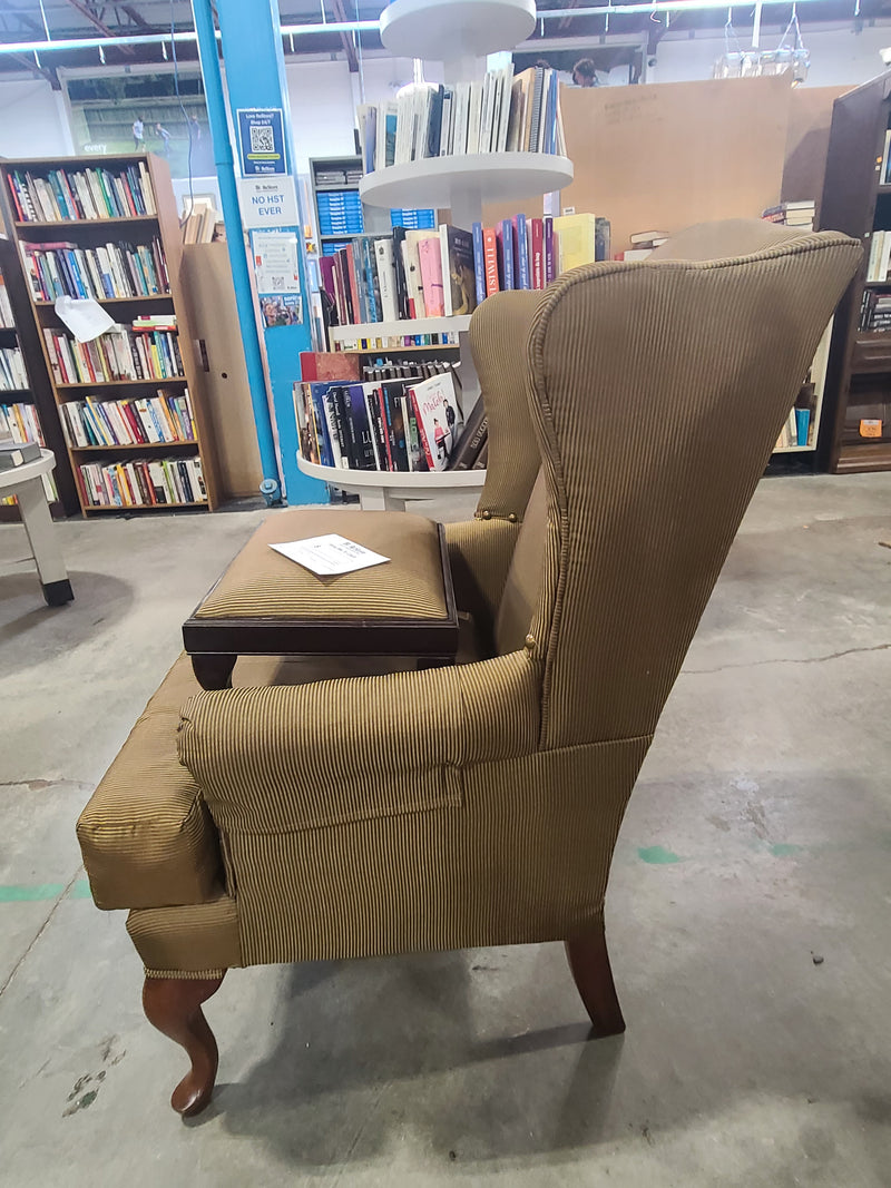 Classic Striped Wingback Armchair with Matching Footstool in Olive/Gold Tones