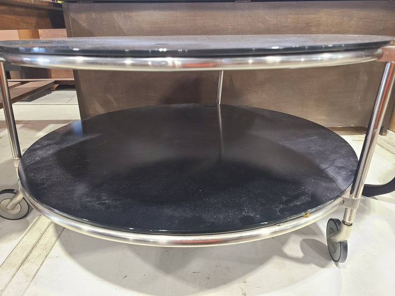 Modern Round Black Glass & Chrome Coffee Table on Casters