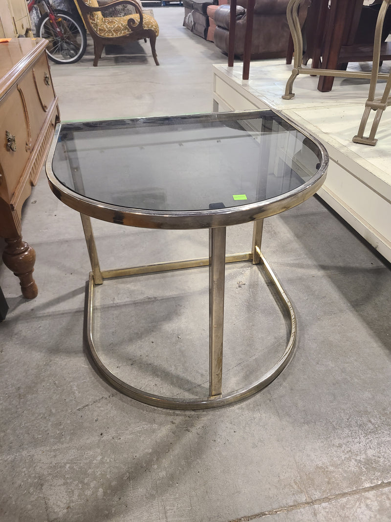 Vintage Hollywood Regency Brass & Smoked Glass D-Shape Side Table