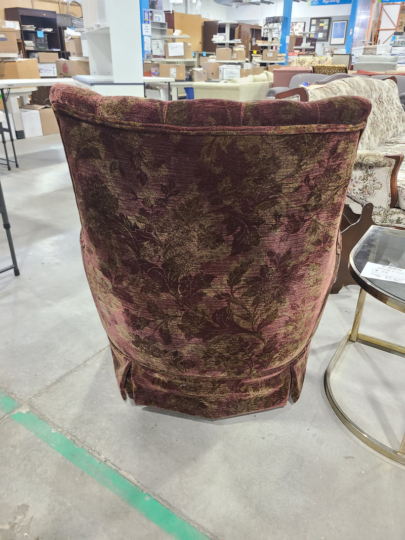 Vintage Tufted Burgundy & Gold Floral Swivel Armchair