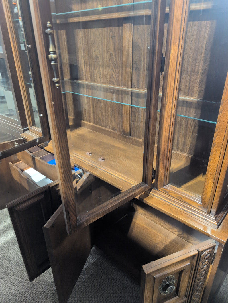 Large Wooden Buffet and Hutch with Glass Doors
