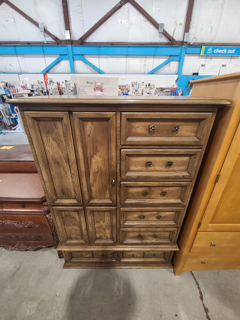 Traditional Oak-Finish Gentleman's Chest / Armoire with Mirror