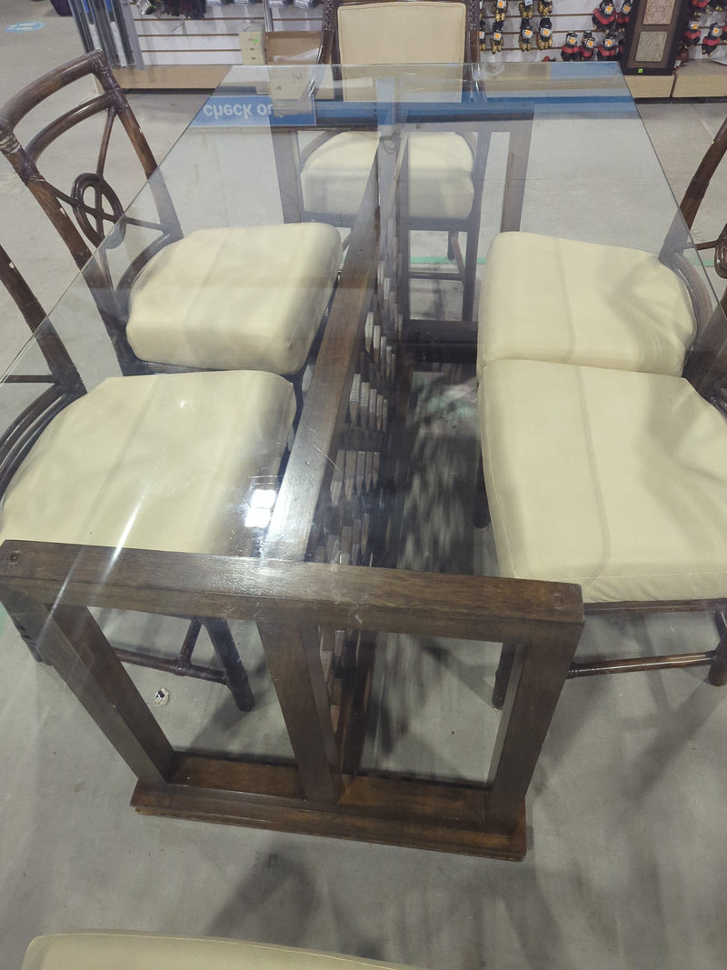 McGuire Bamboo + Raw Hide Chairs with Geometric Base Glass Table