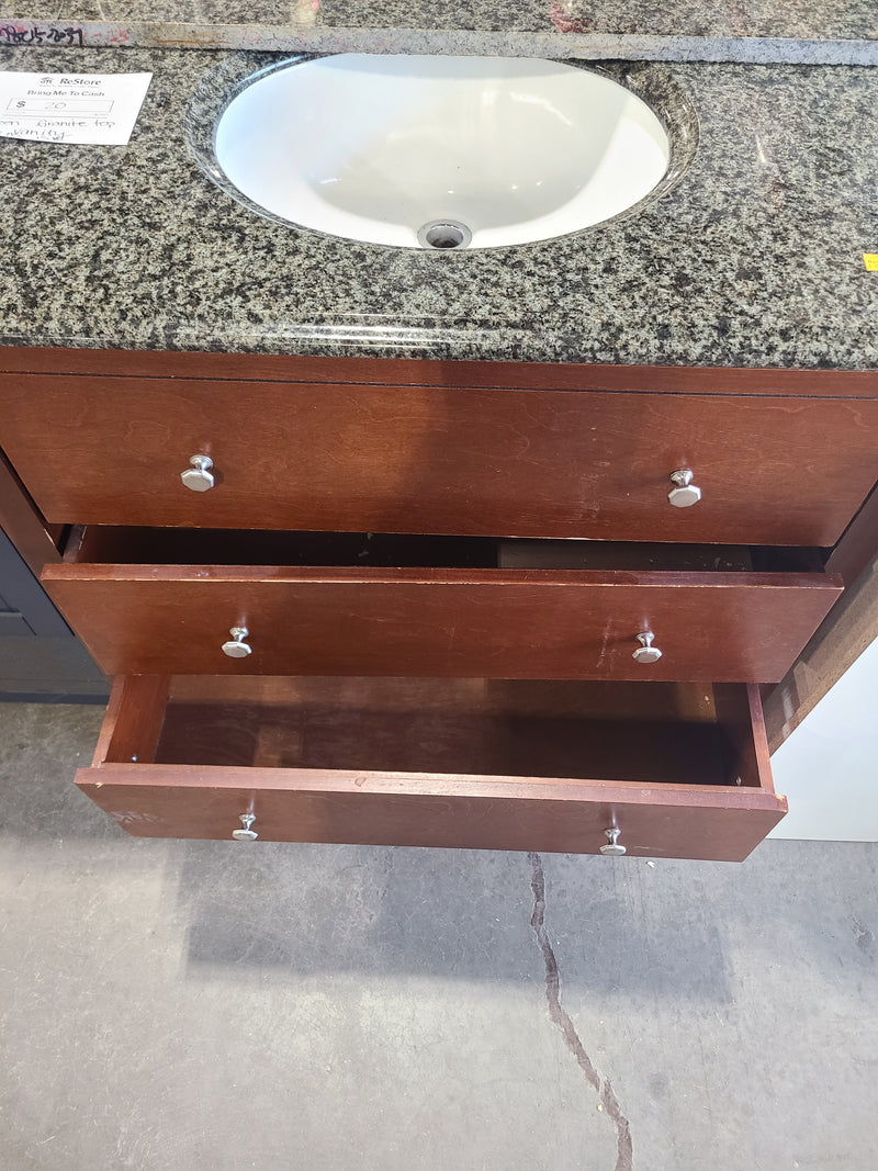 Traditional Wood Bathroom Vanity with Green Granite Top & Sink