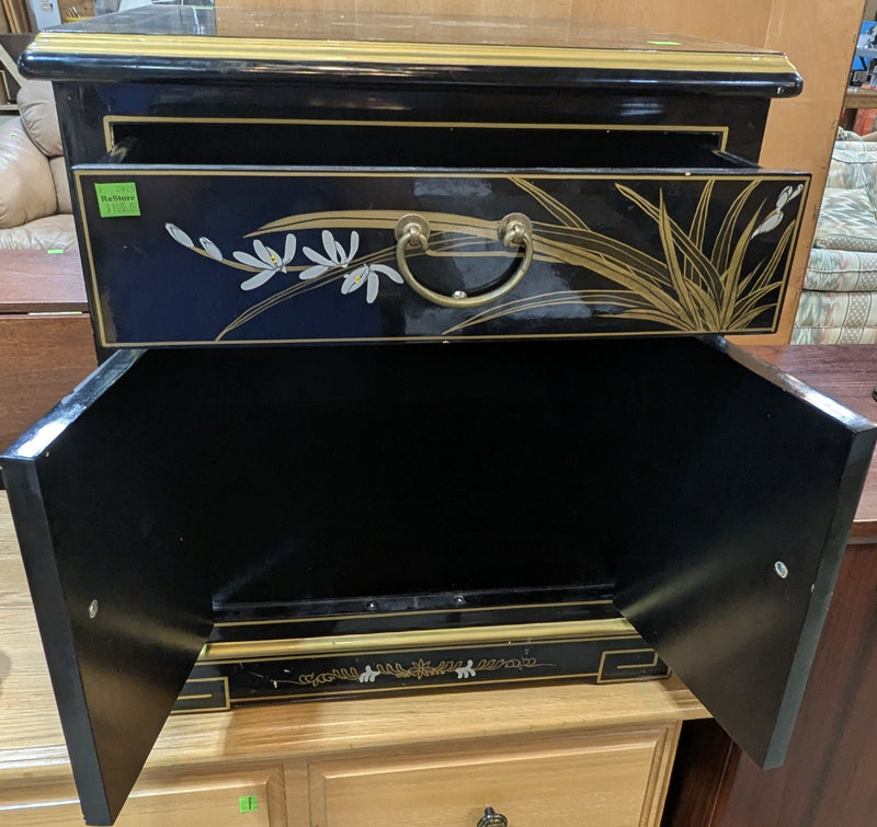Vintage Asian Inspired Black Lacquered Side Cabinet