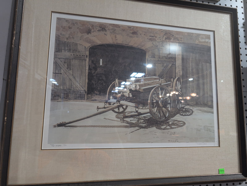 Painting of a Wooden Wagon Carrying Wood at a Stone Building with Wooden Doors