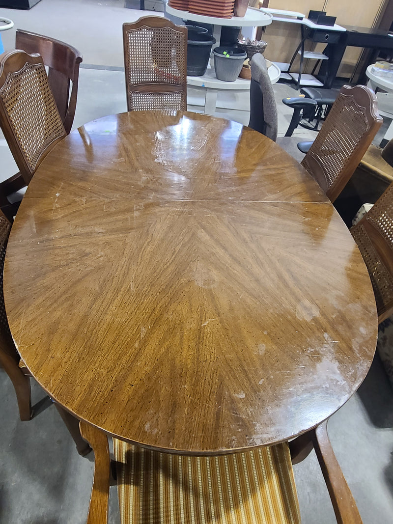 Vintage Oval Wood Dining Table & 6 Rattan Back Chairs Set