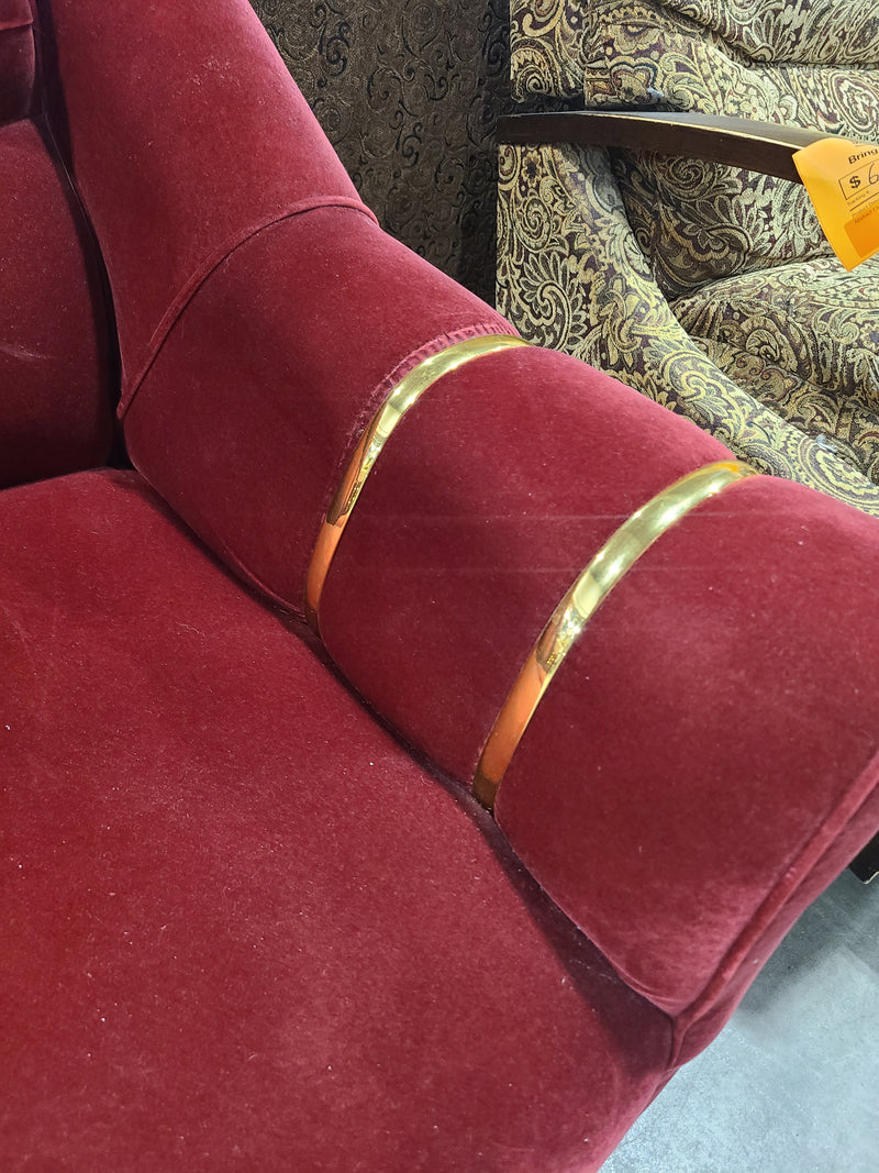 Amazing Condition Vintage Red Velvet 2-Seater Loveseat with Metallic Gold Arm Accents