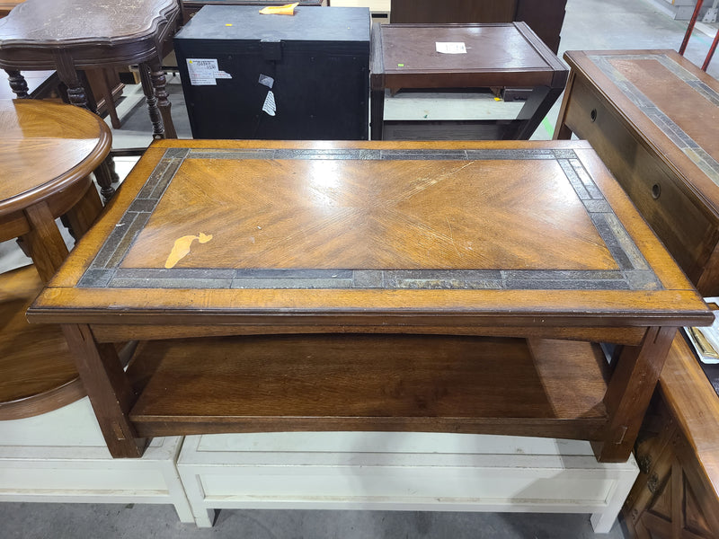 Rustic Oak Coffee Table with Slate Tile Inlay & Lower Storage Shelf