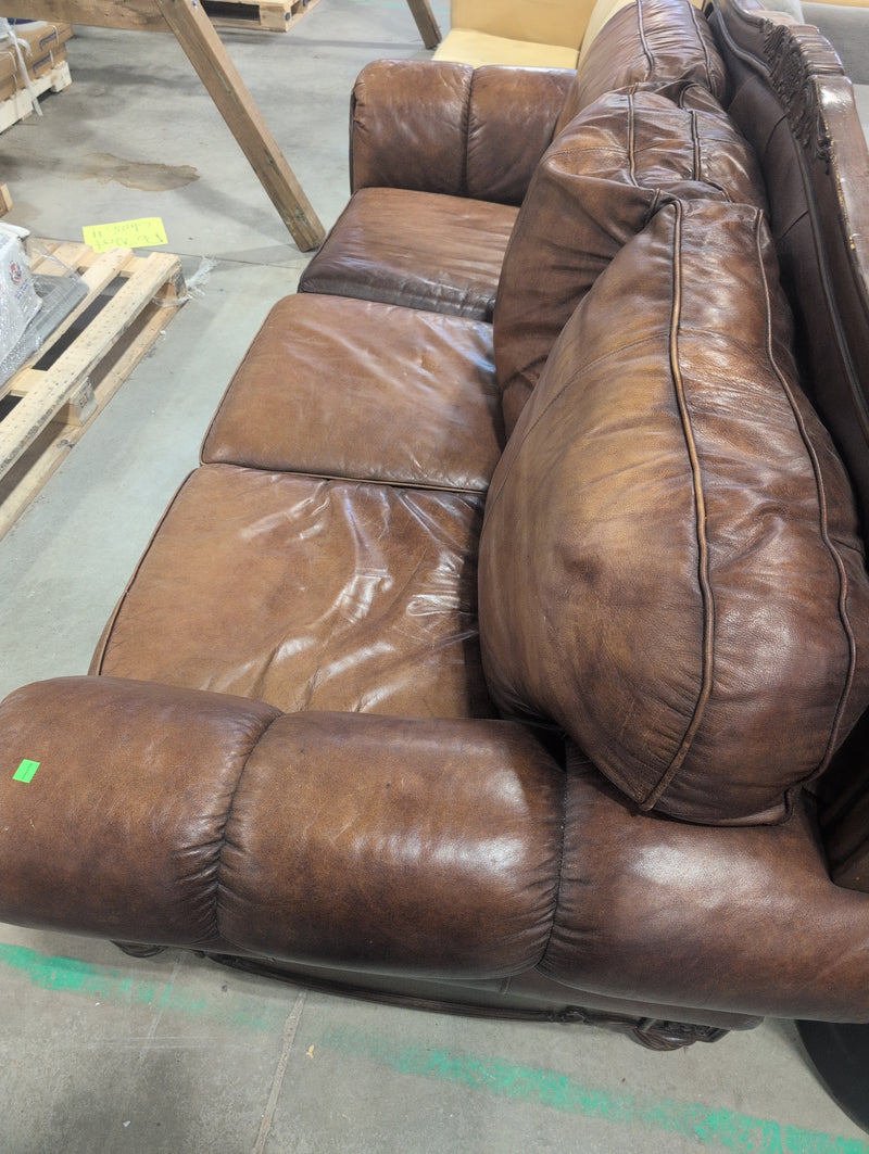Leather Sofa with Ornate Wooden Framing