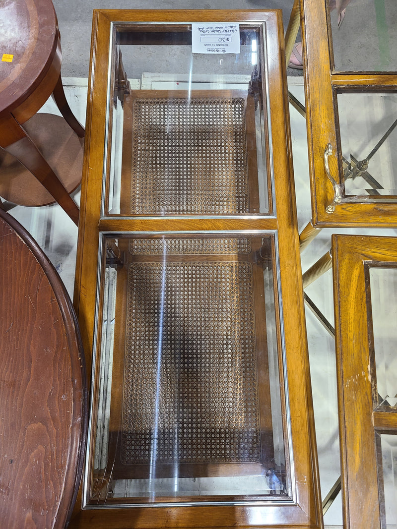 Vintage-Style Wooden Coffee Table with Glass Top and Cane Shelf