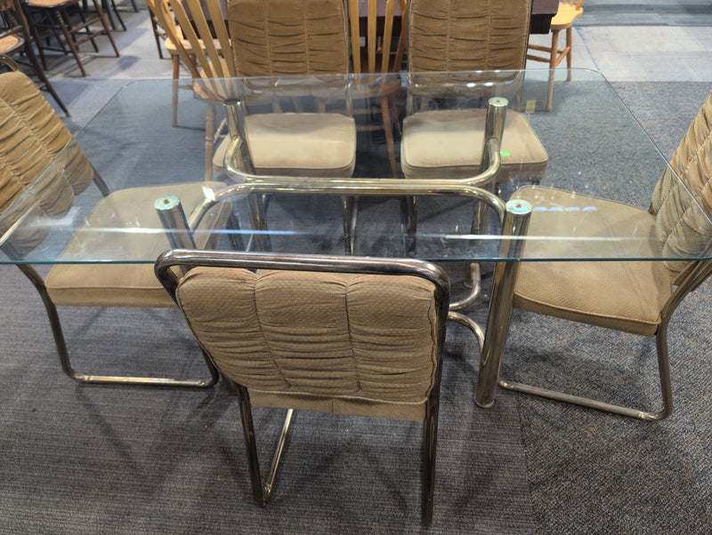 MCM Glass Top Table with Brass Base with Champagne Cushioned Chairs