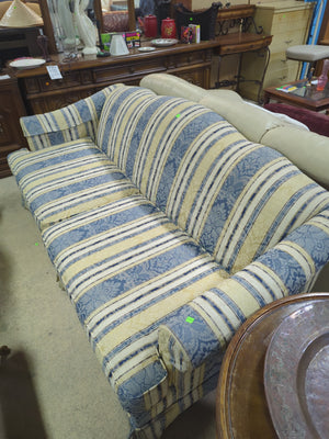 Vintage-style Upholstered Sofa with Blue & Beige Striped Pattern