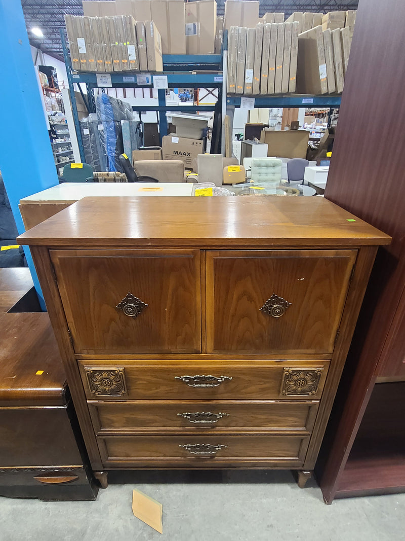 Vintage Floral-Carved Wood Armoire Chest of Drawers – Medium Oak Finish