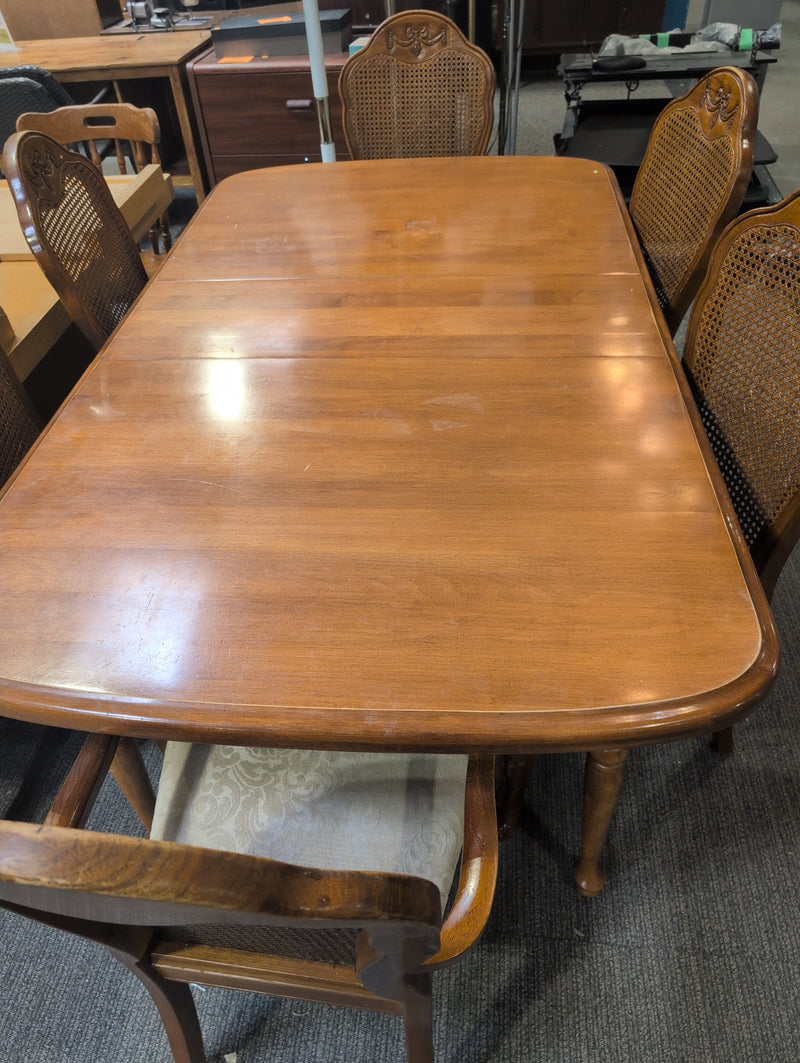 Traditional Solid Wood Dining Table with 6 Classic Cane Back Dining Chairs