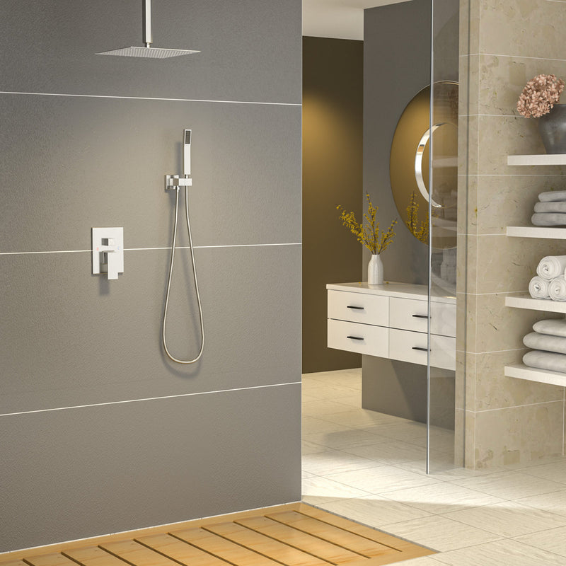 Luxury Ceiling-Mount Rain Shower System Combo Set in Brushed Nickel