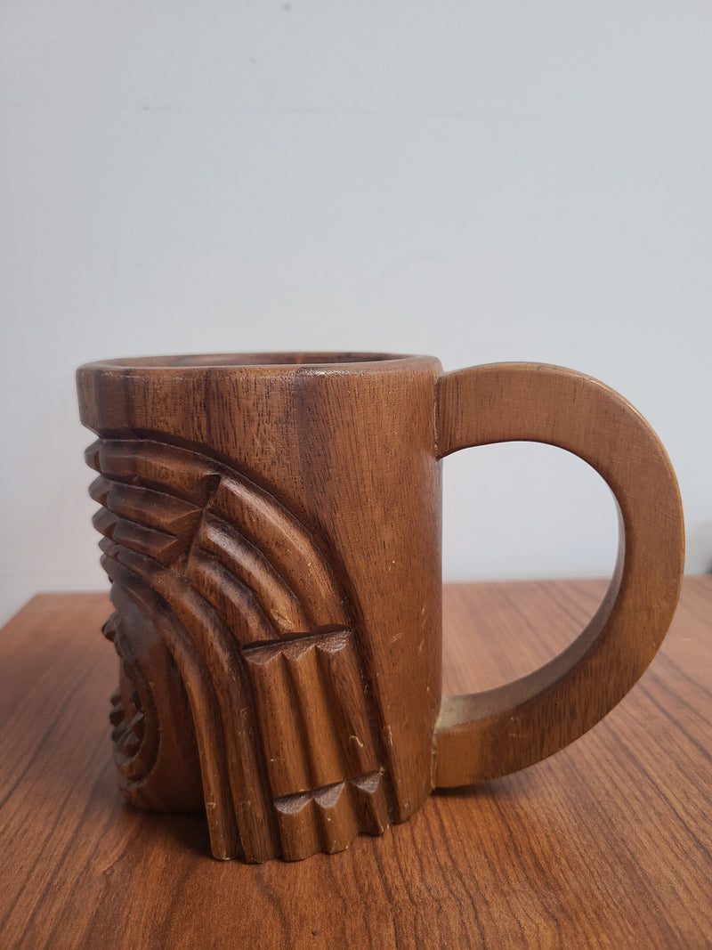 Vintage Hand-Carved Wooden Tiki Pair Mug Set