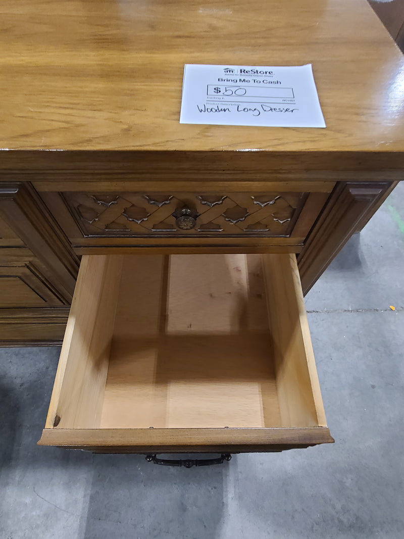 Elegant Vintage-Style Long Dresser with Intricate Trim