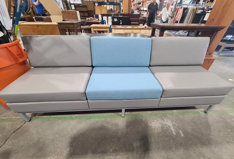 Modern Modular 3-Piece Armless Bench Sofa in Grey Faux Leather & Light Blue Fabric