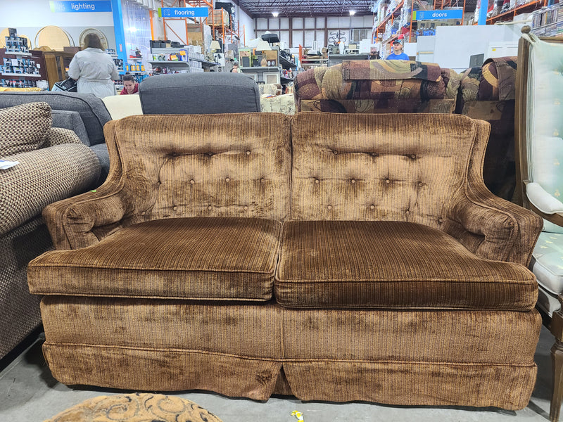 Vintage Tufted Brown Velour Skirted Loveseat