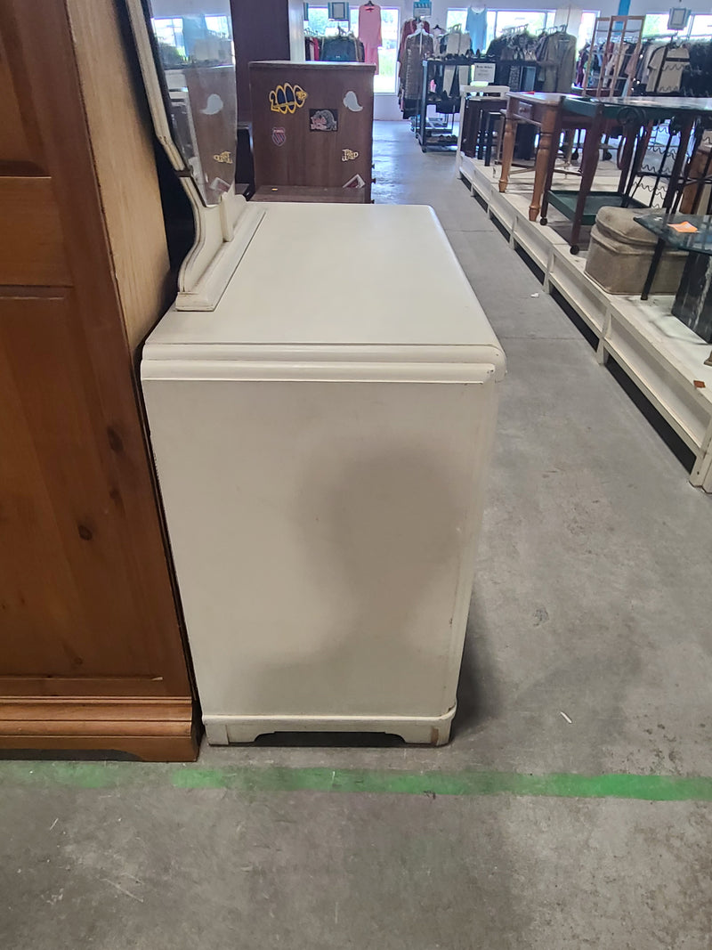 Vintage Art Deco Off-White 3-Drawer Vanity Dresser with Octagonal Mirror