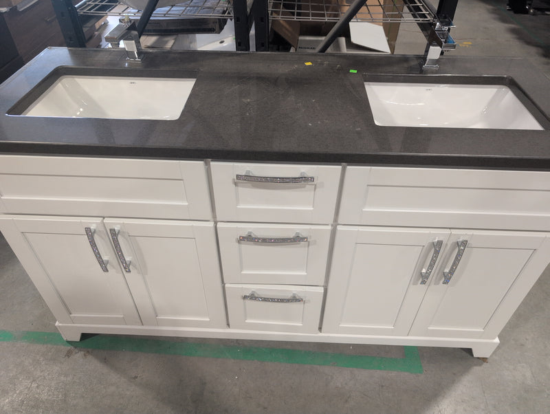 White Bathroom Vanity with Double Sink and Sparkly Handles