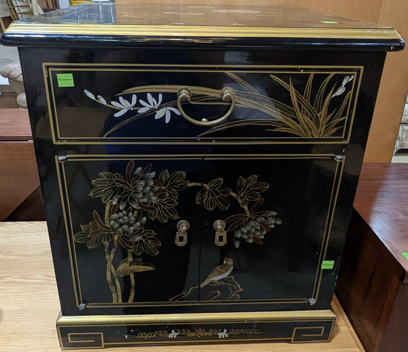 Vintage Asian Inspired Black Lacquered Side Cabinet