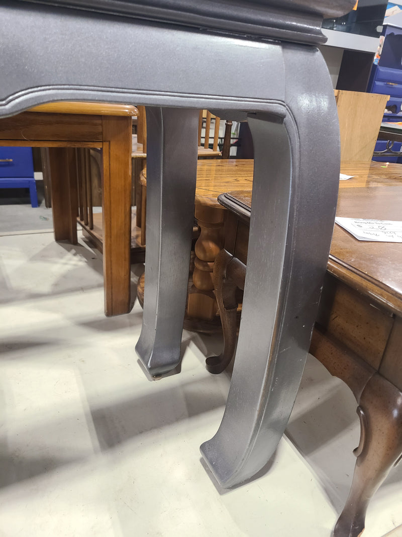 Asian-Inspired Metallic Grey Console Table with Glass Inserts