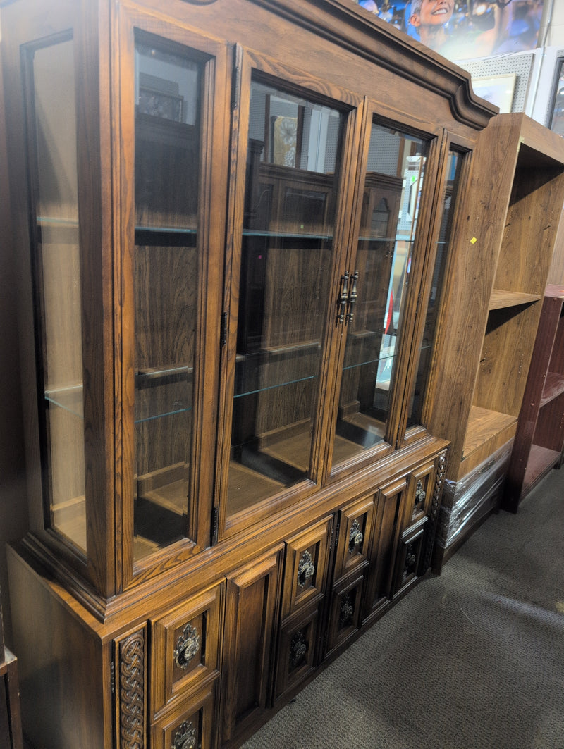 Large Wooden Buffet and Hutch with Glass Doors