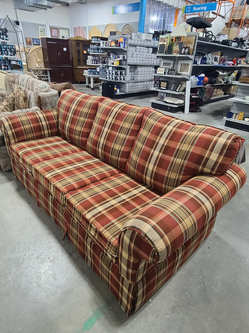 Plaid Upholstered Three-Cushion Sofa with Rolled Arms