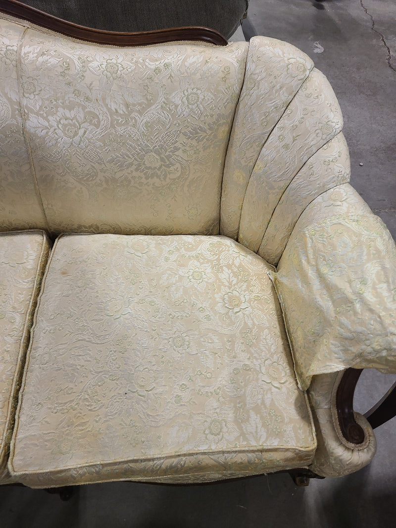 French Provincial Brocade Sofa with Carved Wood Frame