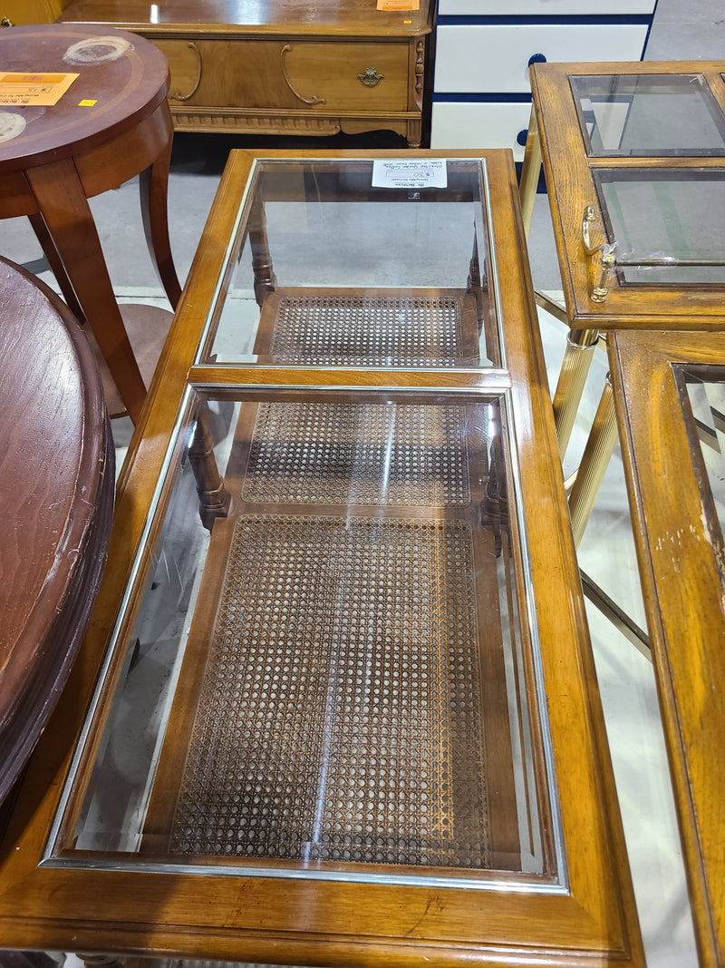 Vintage-Style Wooden Coffee Table with Glass Top and Cane Shelf