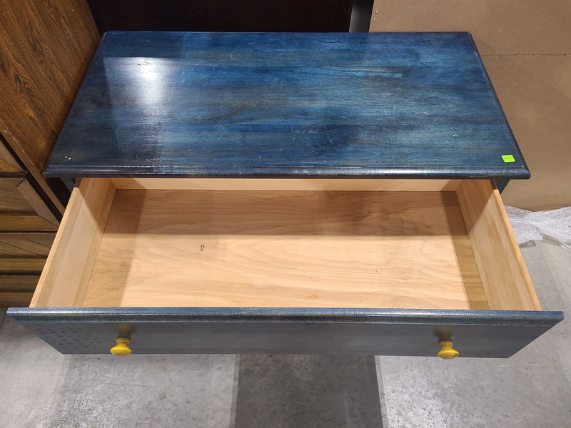 Blue Stained Wooden 3-Drawer Dresser with Yellow Knobs