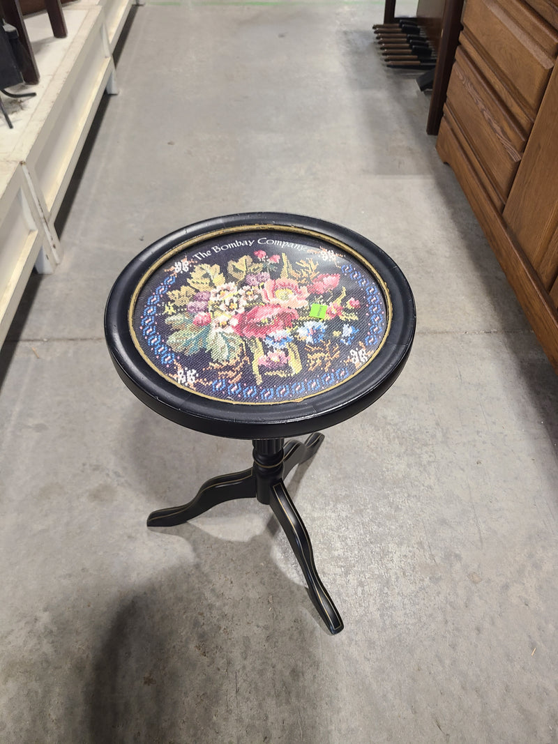 Vintage The Bombay Company Floral Needlepoint Glass-Top Pedestal Side Table