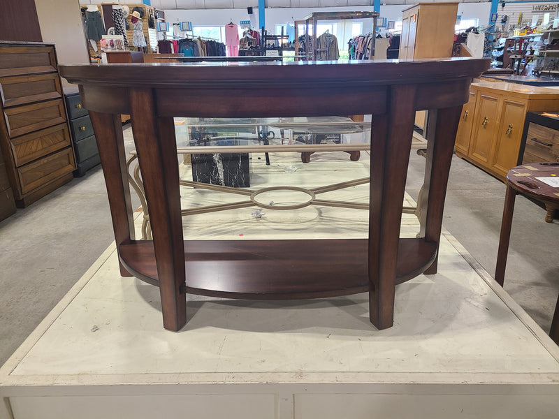 Dark Cherry Wood Half-Moon Console Table with Lower Storage Shelf