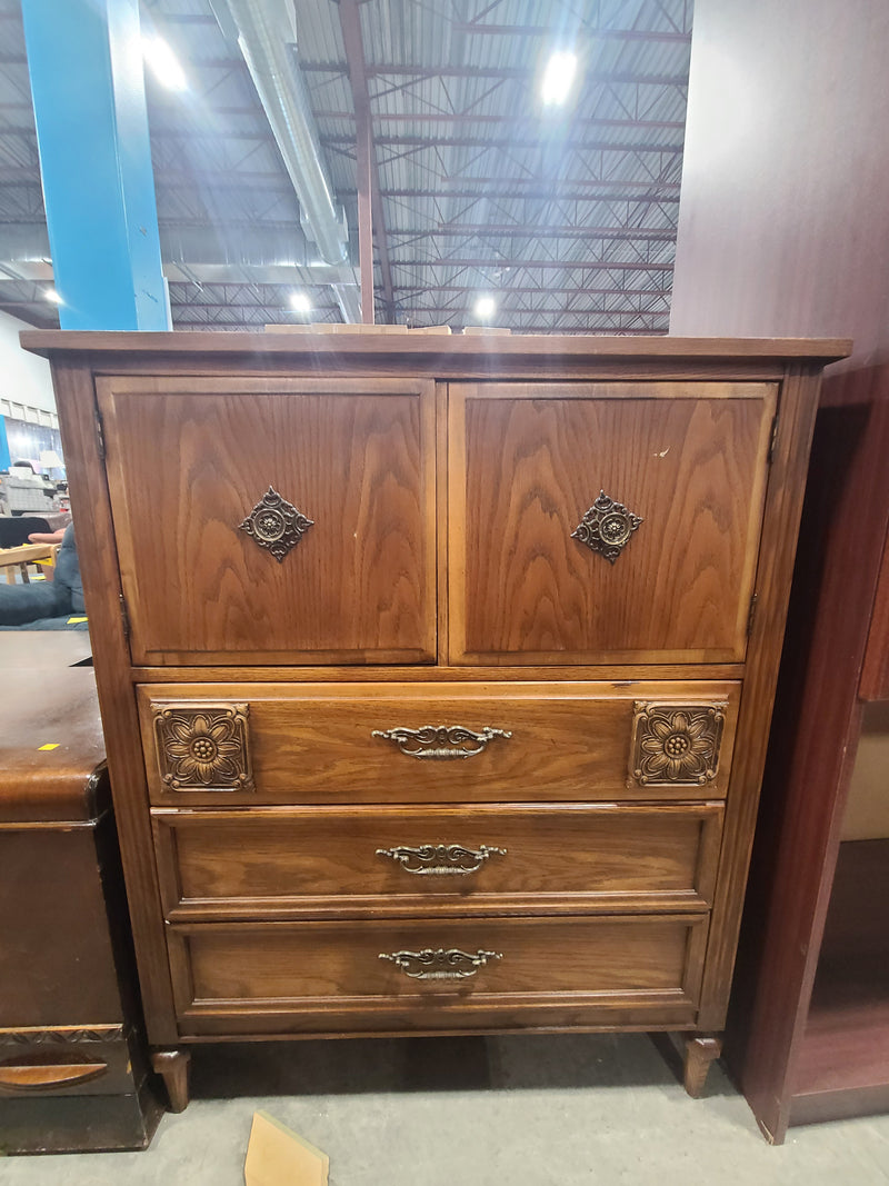 Vintage Floral-Carved Wood Armoire Chest of Drawers – Medium Oak Finish