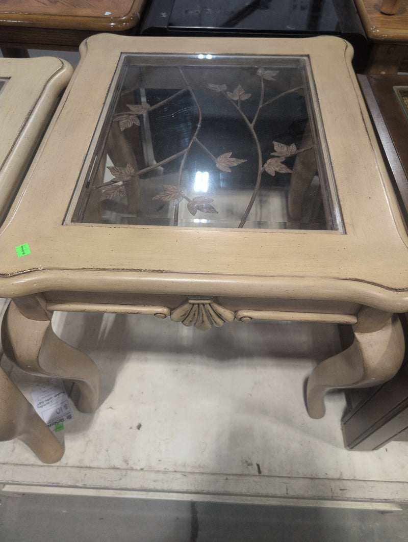 Beige/Pale Yellow Side Table with Glass Top Insert and Leaves
